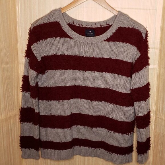 American Eagle Women's Vintage Boyfriend Fit Grey Maroon Striped Sweater… - Picture 1 of 5